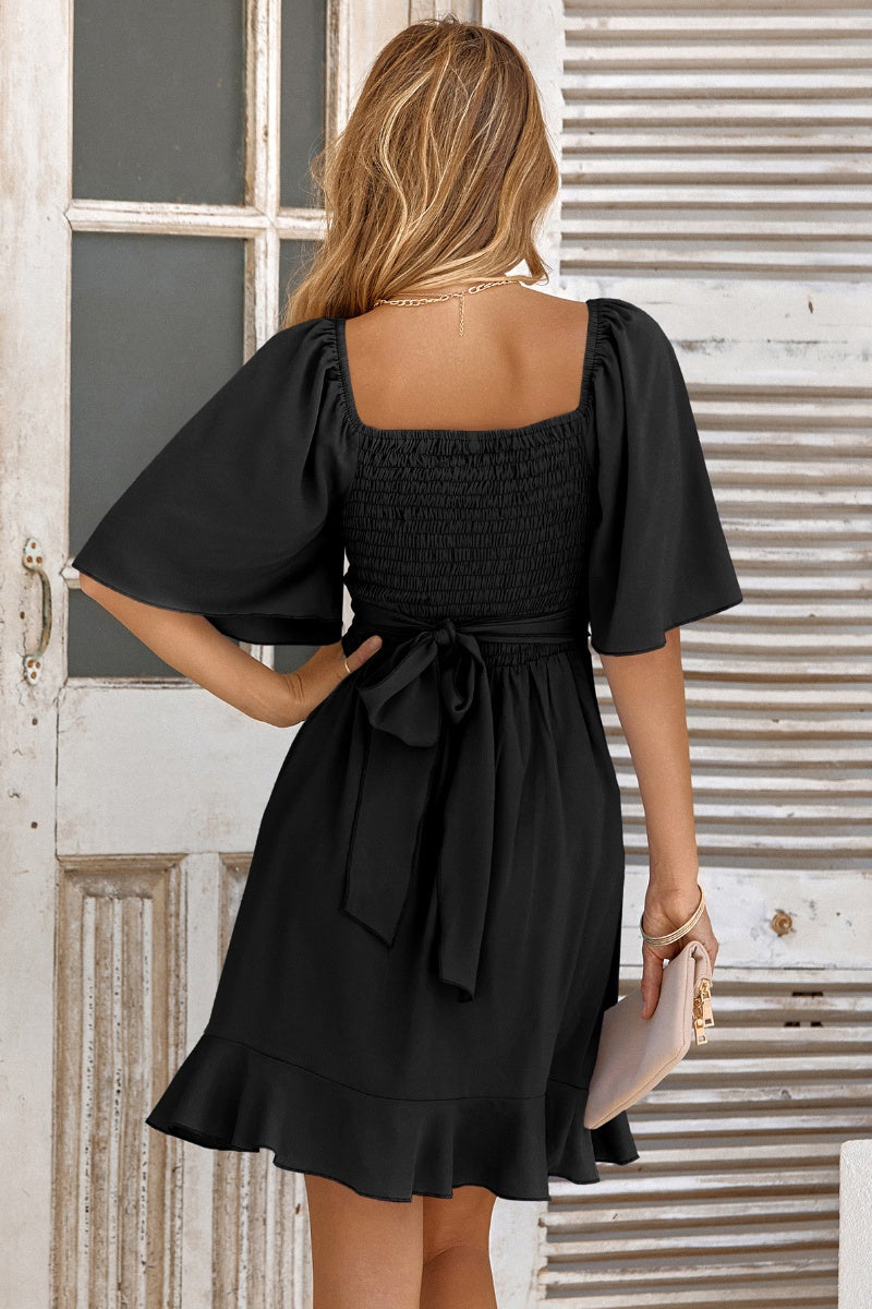 V-Neck Waist Peplum Dress Short
