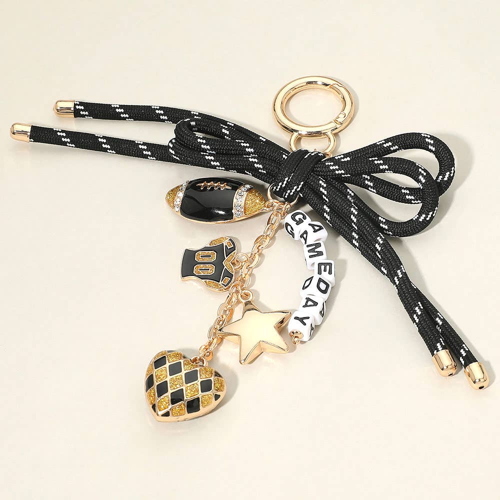 Football Themed Charm GAME DAY Message Beaded Rope Bow Accent Keychain / Bag Charm: Black Burgundy Gold