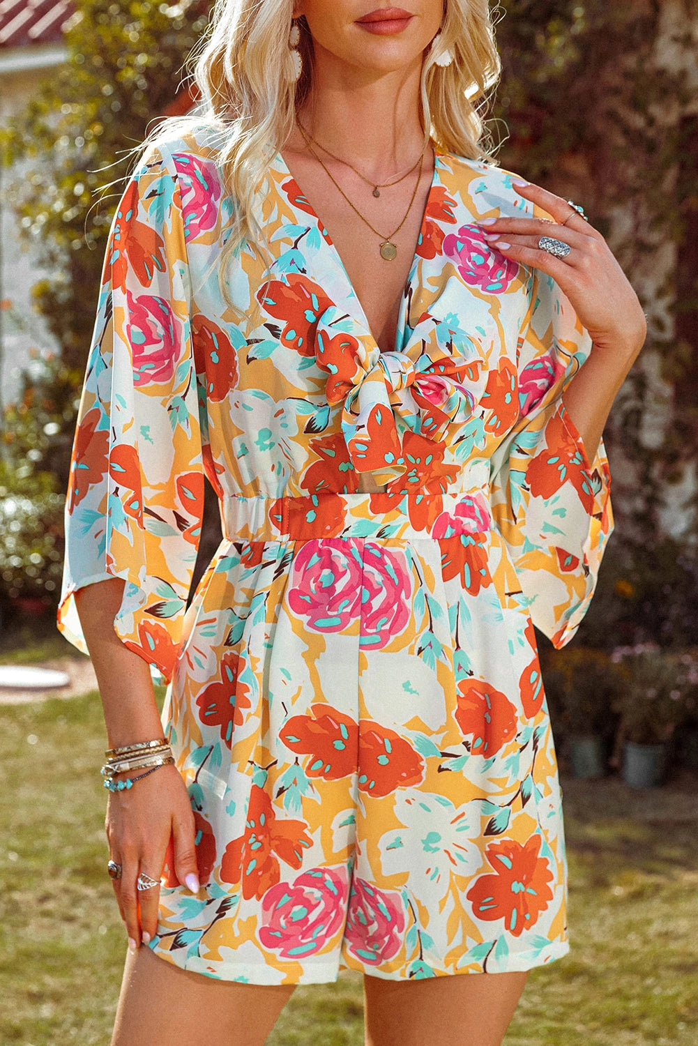 Blooming Floral Print Front Tie Romper