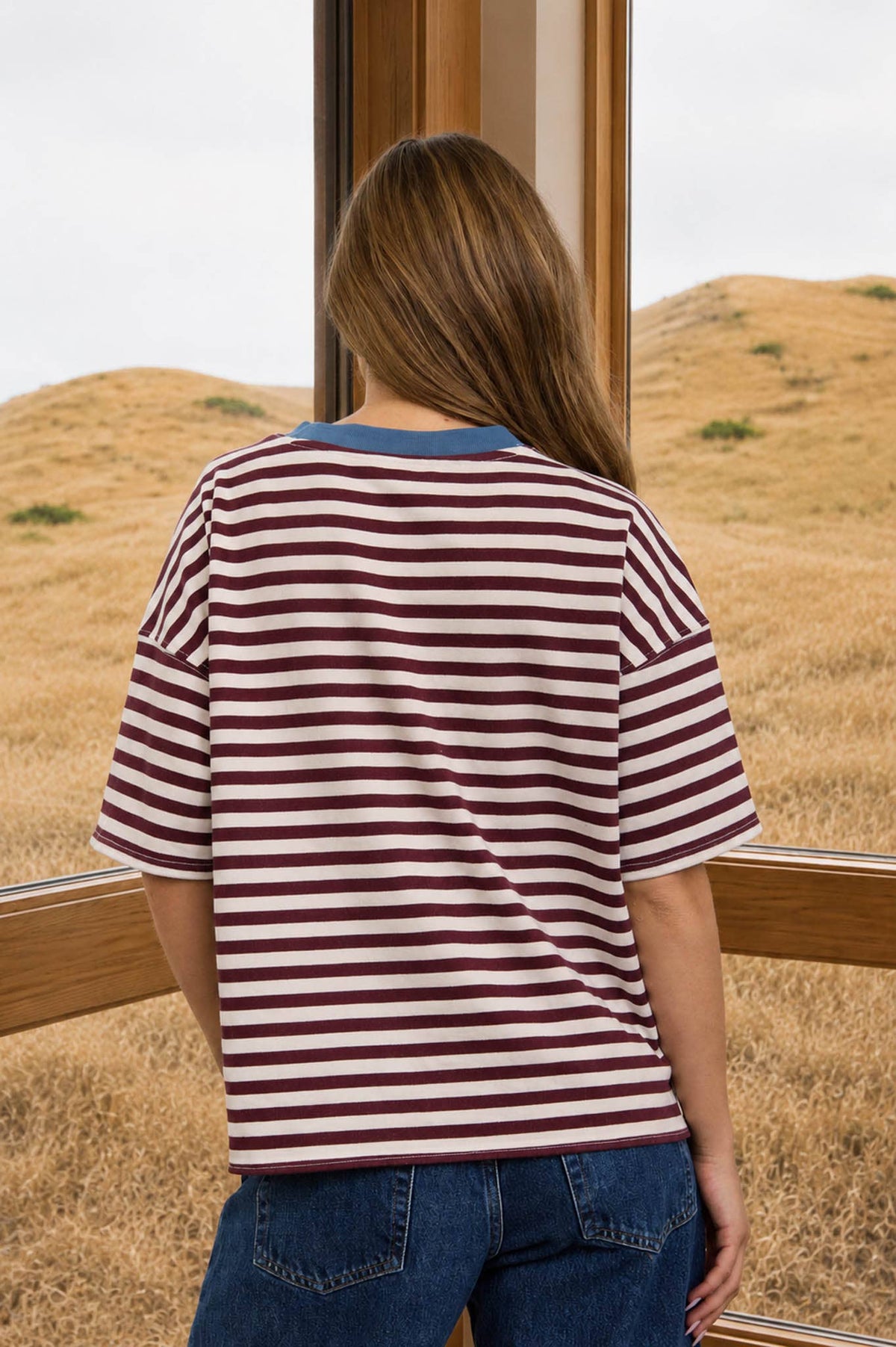 STRIPE COLORBLOCK SHORT SLEEVE KNIT T-SHIRT : DARK BROWN MULTI