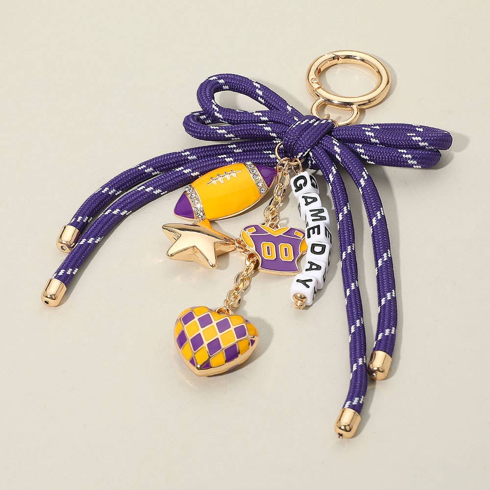 Football Themed Charm GAME DAY Message Beaded Rope Bow Accent Keychain / Bag Charm: Black Burgundy Gold