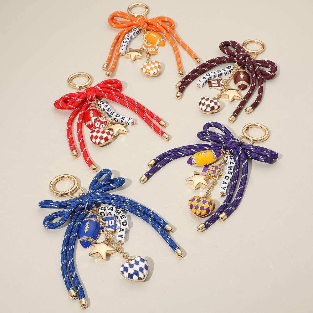 Football Themed Charm GAME DAY Message Beaded Rope Bow Accent Keychain / Bag Charm: Black Burgundy Gold