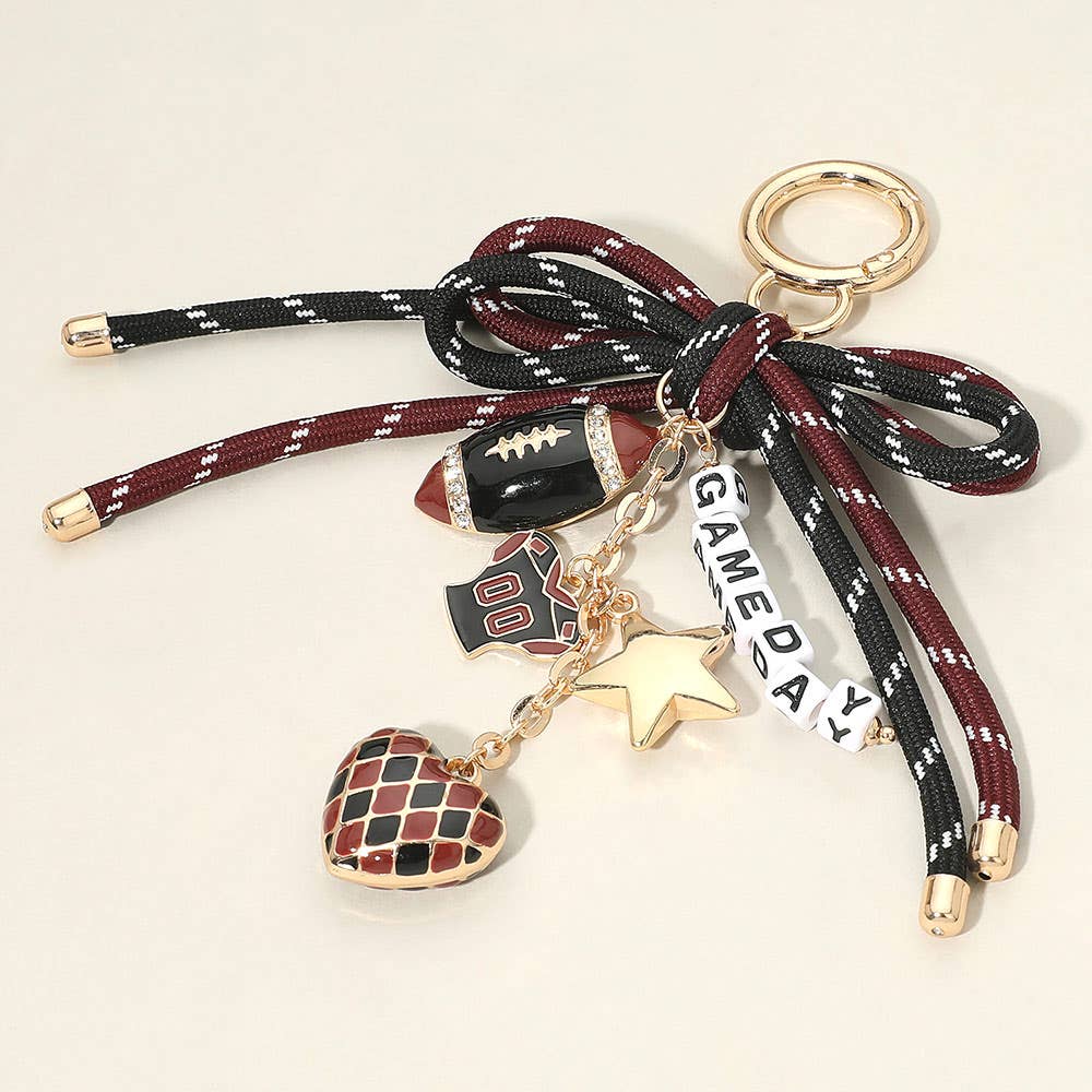 Football Themed Charm GAME DAY Message Beaded Rope Bow Accent Keychain / Bag Charm: Black Burgundy Gold