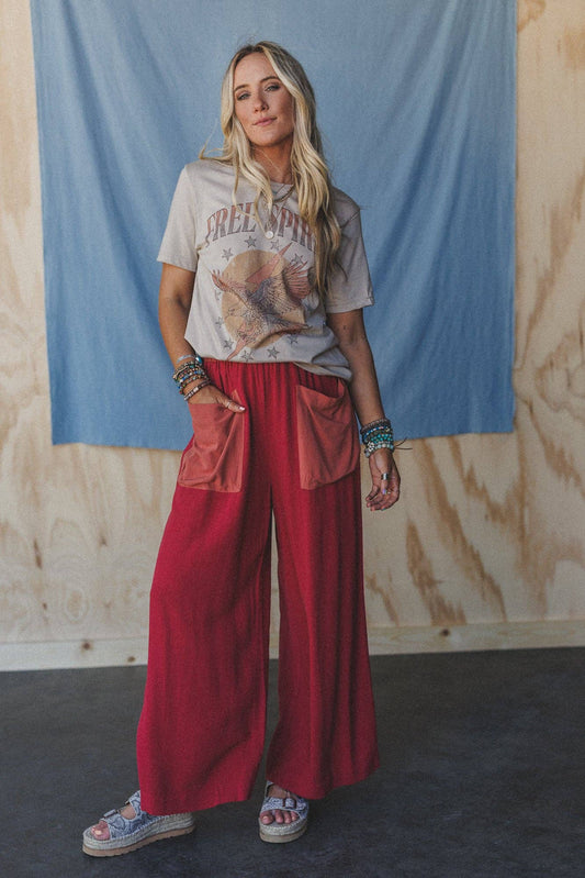 No Rush Wide Leg Pants - Terracotta Multi: Red