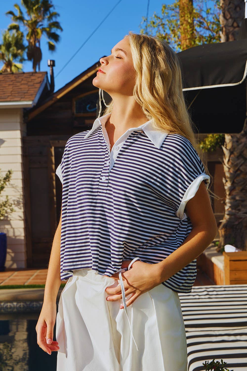 T2616A Collared V-nek Stripe Print Crop Top: Brown/Sky blue