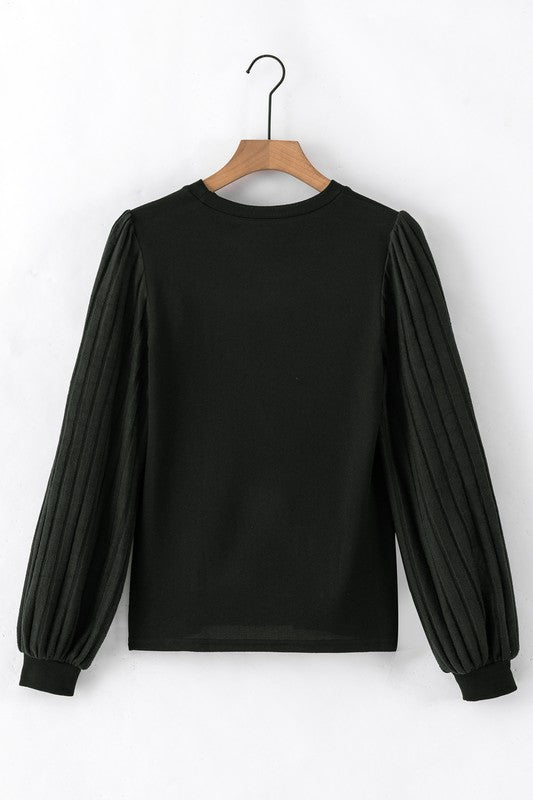 Women Contrast Ribbed Bishop Sleeve Top