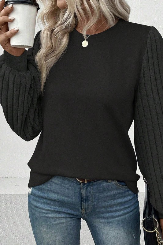 Women Contrast Ribbed Bishop Sleeve Top