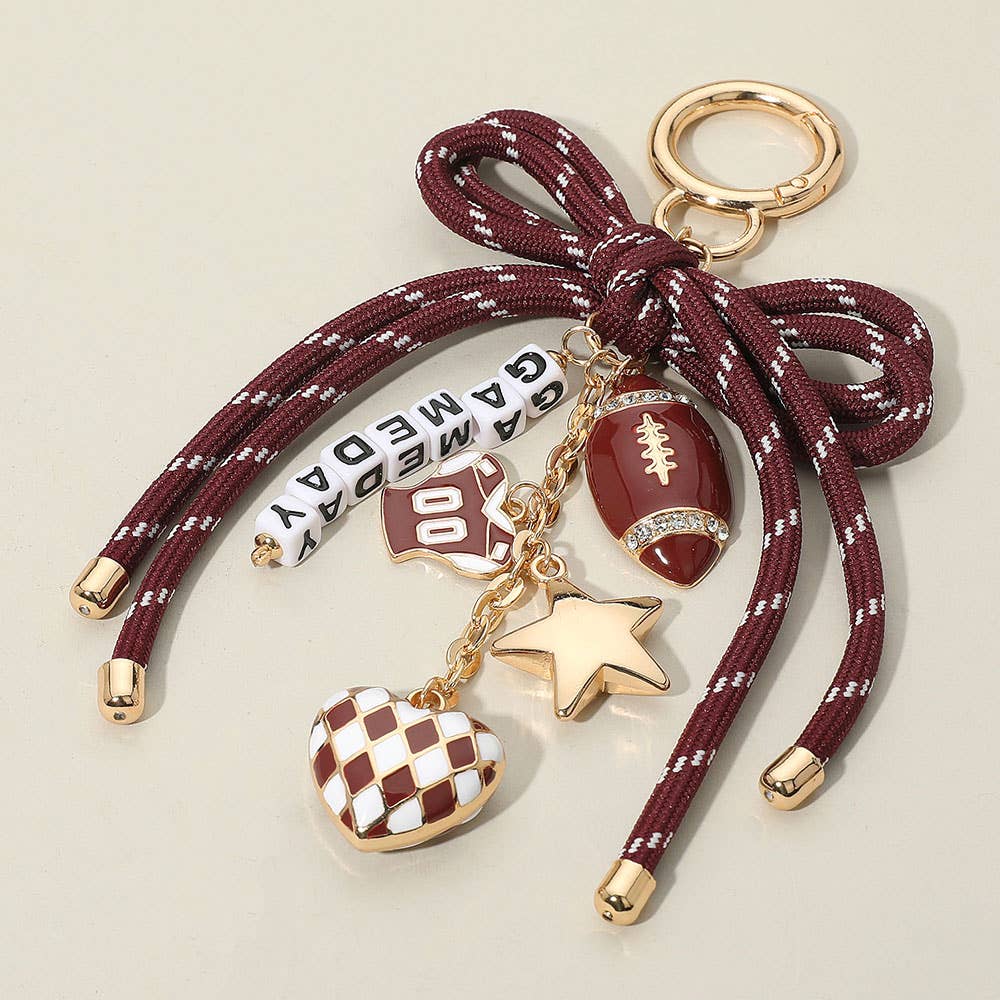 Football Themed Charm GAME DAY Message Beaded Rope Bow Accent Keychain / Bag Charm: Black Burgundy Gold