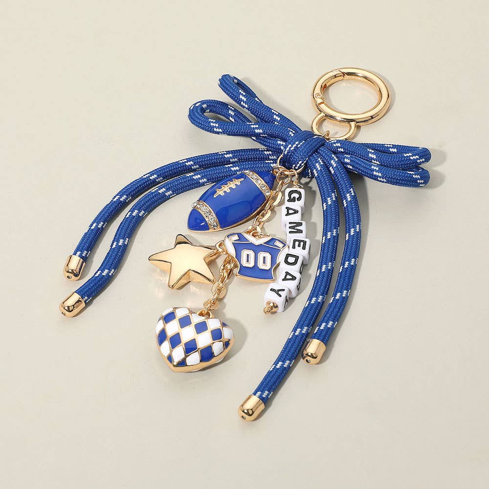 Football Themed Charm GAME DAY Message Beaded Rope Bow Accent Keychain / Bag Charm: Black Burgundy Gold