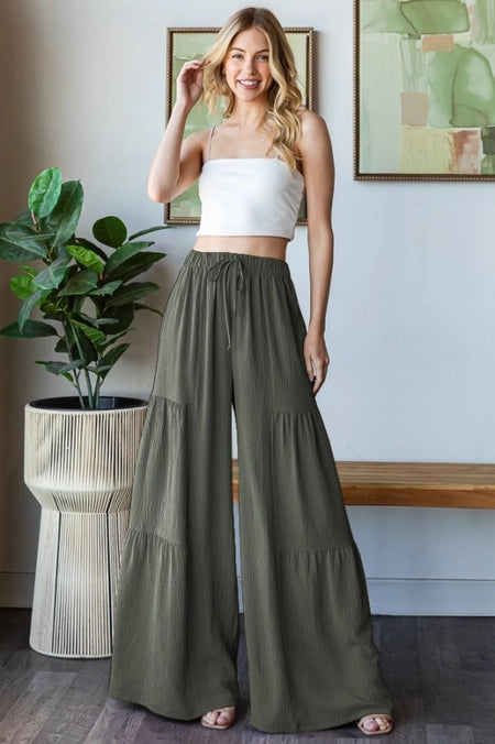 Tiered Wide Leg Solid Pants