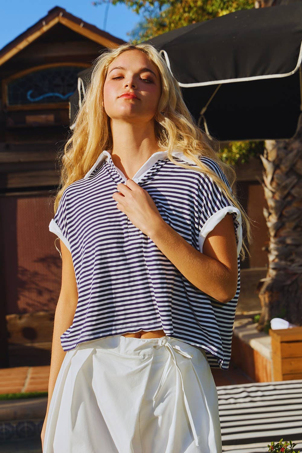T2616A Collared V-nek Stripe Print Crop Top: Brown/Sky blue
