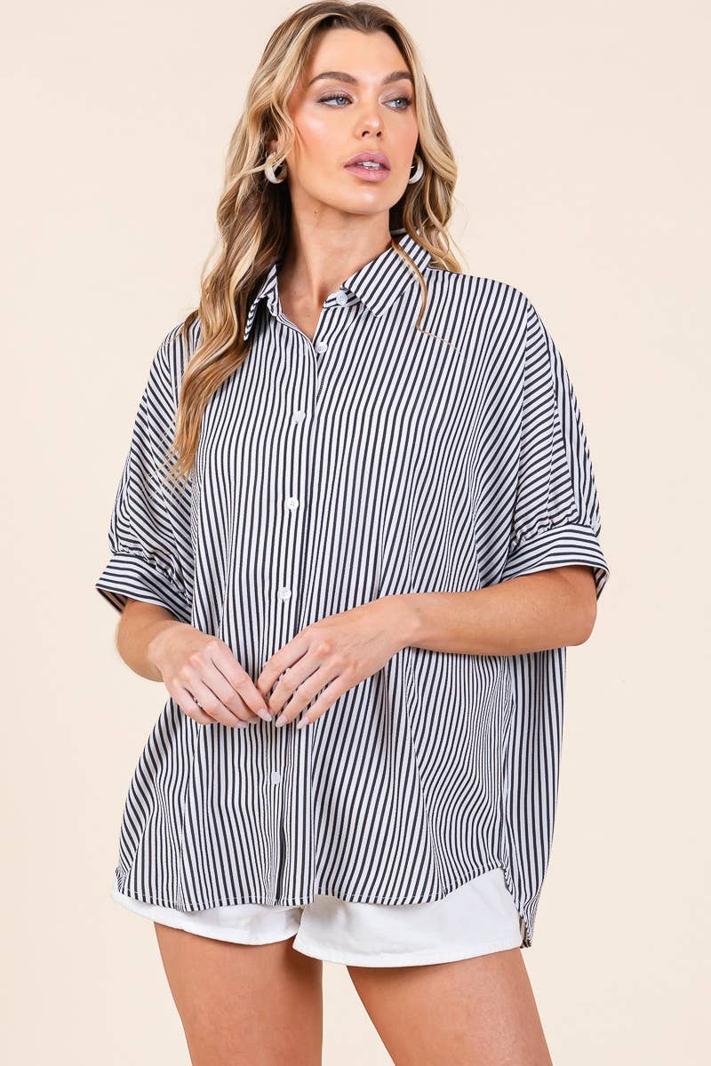 Oversized Short Sleeve Button Down Shirt: GREEN