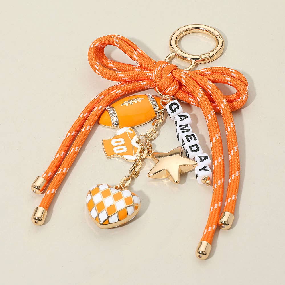 Football Themed Charm GAME DAY Message Beaded Rope Bow Accent Keychain / Bag Charm: Black Burgundy Gold