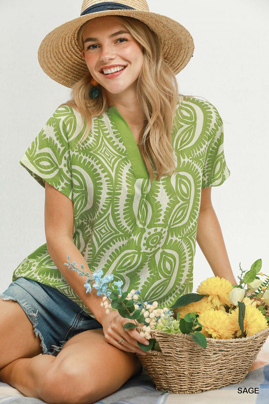 Geometric Print V-Neck Top - CN