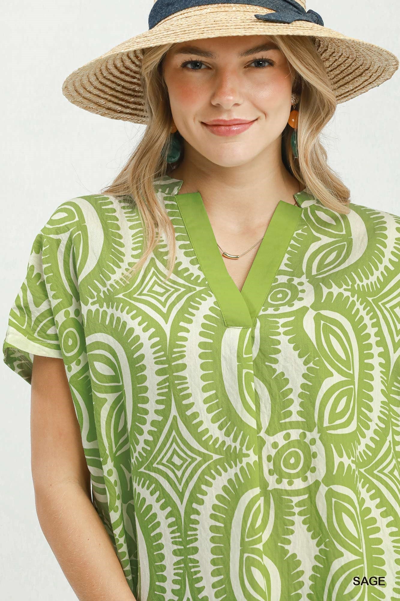 Geometric Print V-Neck Top - CN