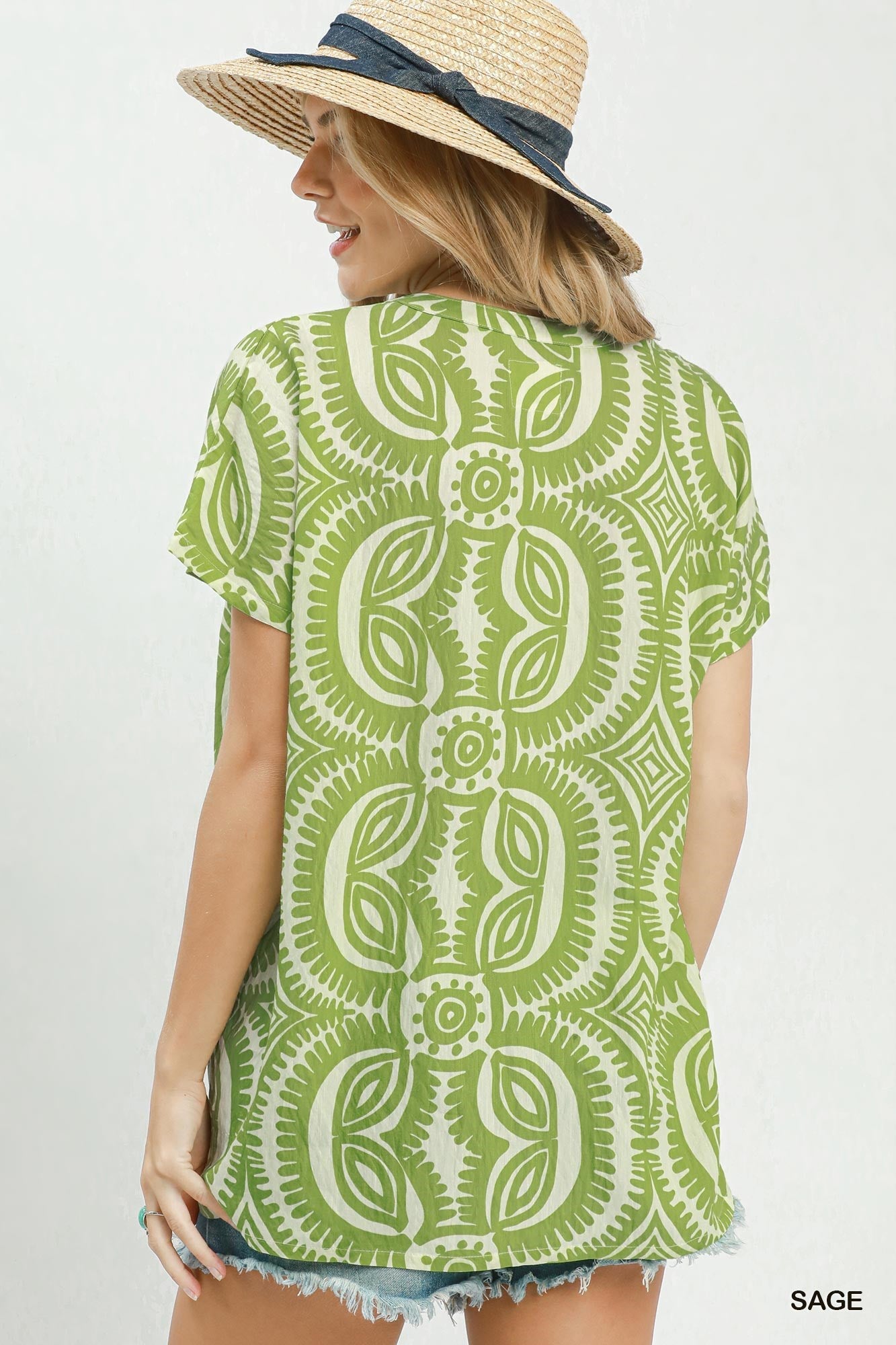 Geometric Print V-Neck Top - CN