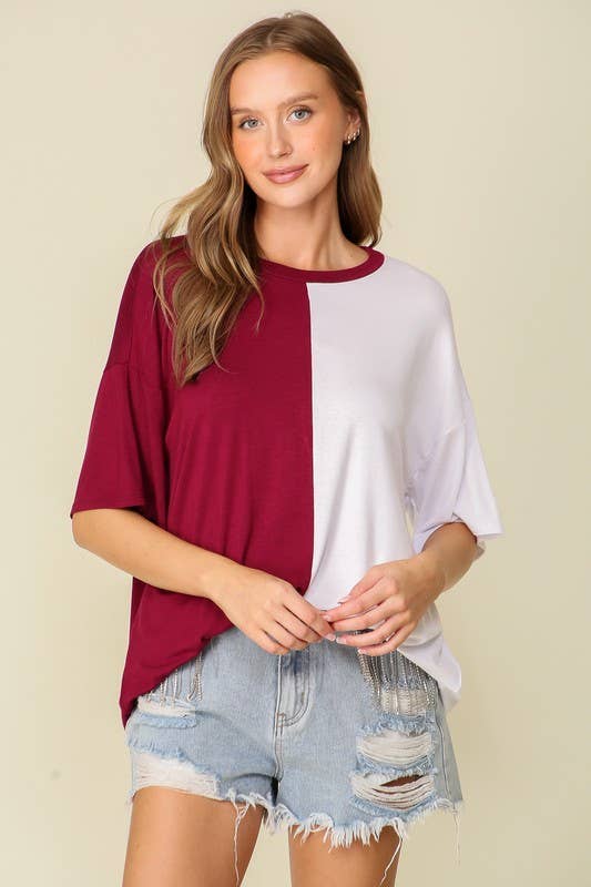 Game Day Multi Color Knit Top: BURGUNDY/WHITE