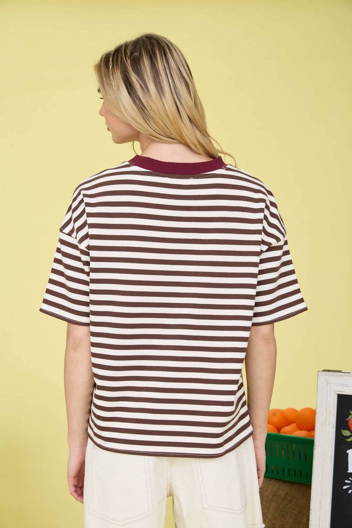 STRIPE COLORBLOCK SHORT SLEEVE KNIT T-SHIRT : DARK BROWN MULTI