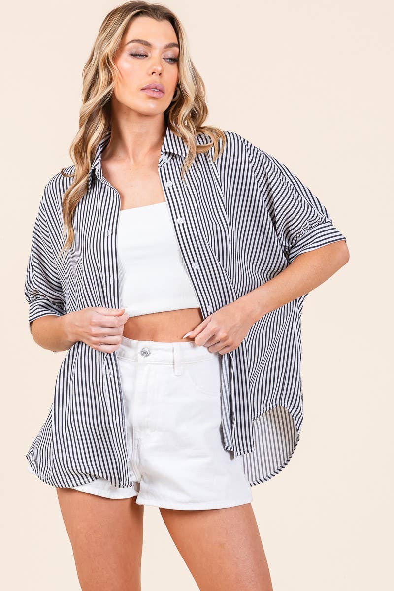 Oversized Short Sleeve Button Down Shirt: GREEN