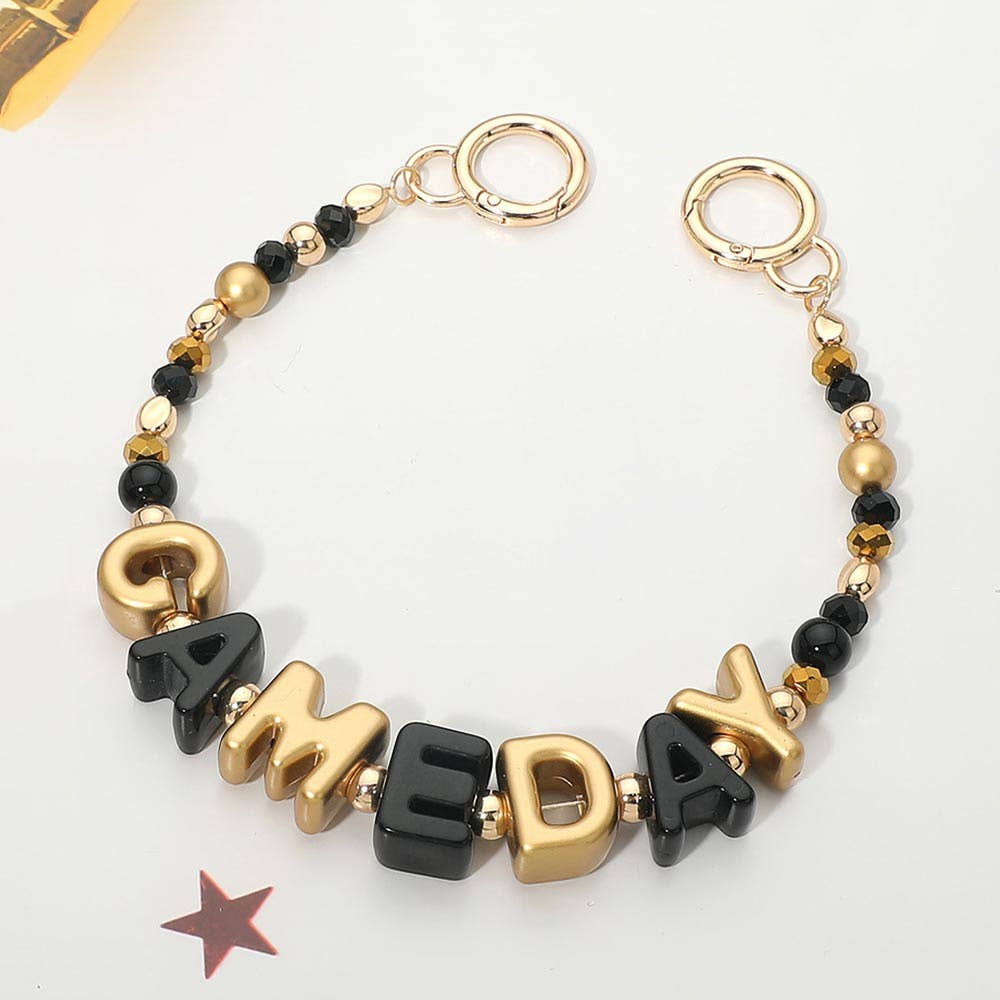 GAME DAY Letter Beaded Bag Charm Chain: Gold,White
