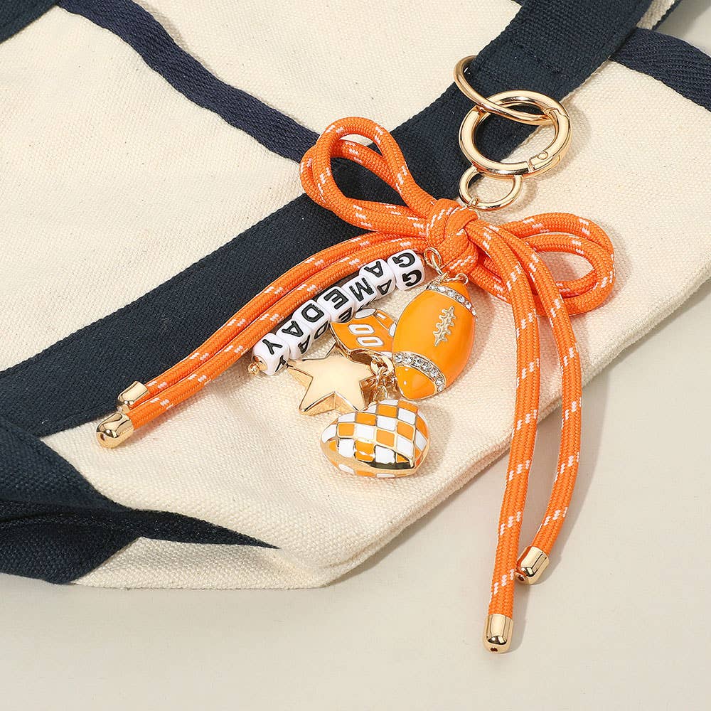 Football Themed Charm GAME DAY Message Beaded Rope Bow Accent Keychain / Bag Charm: Black Burgundy Gold