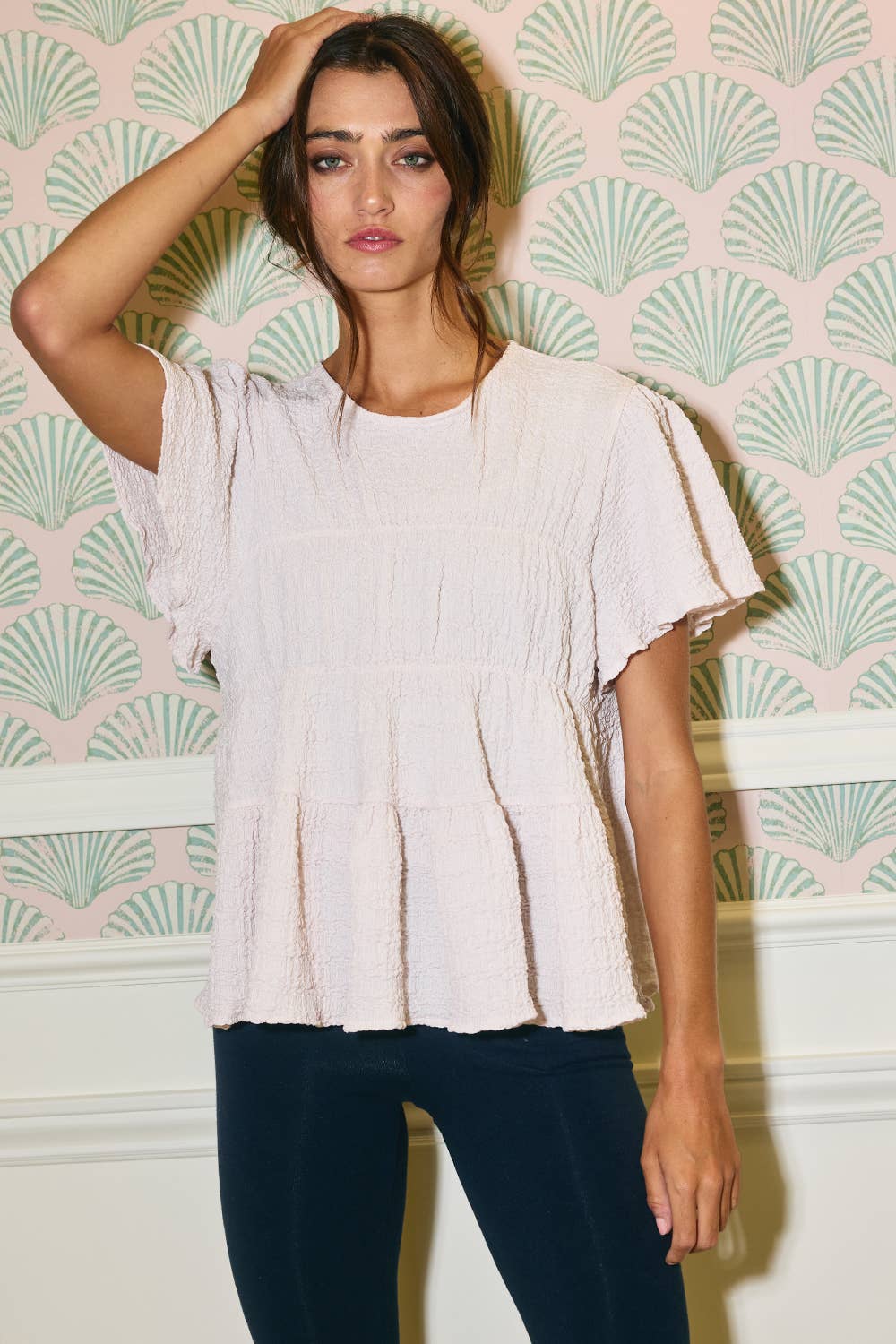 T2776 Ruffle Tiered Babydoll Textured Top: OLIVE / S-M-L (2-2-2)