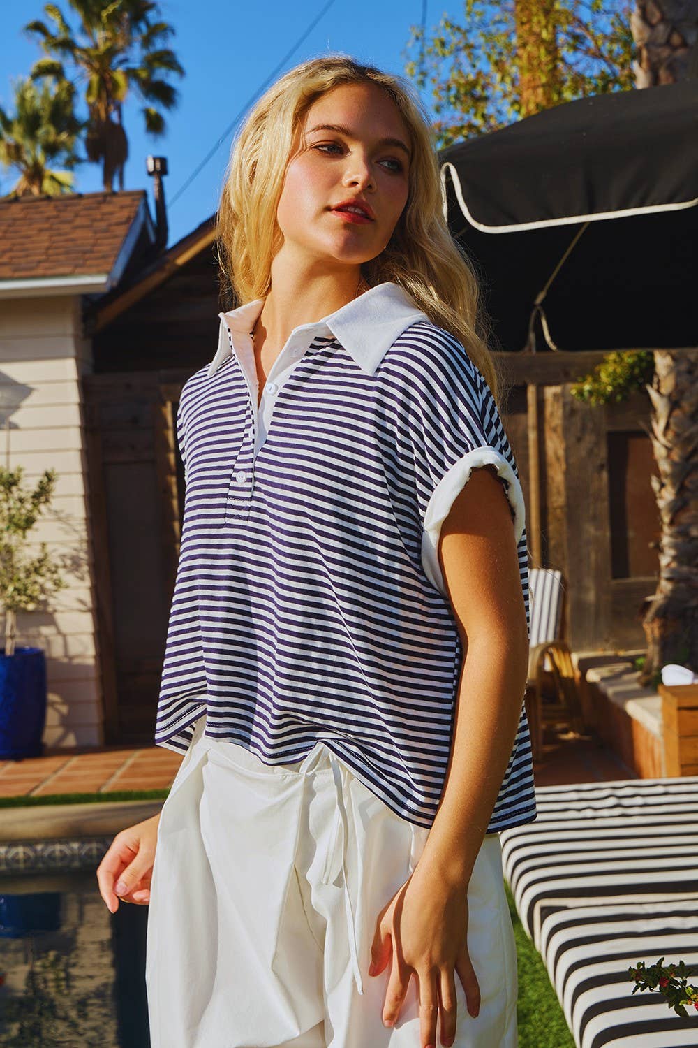 T2616A Collared V-nek Stripe Print Crop Top: Brown/Sky blue