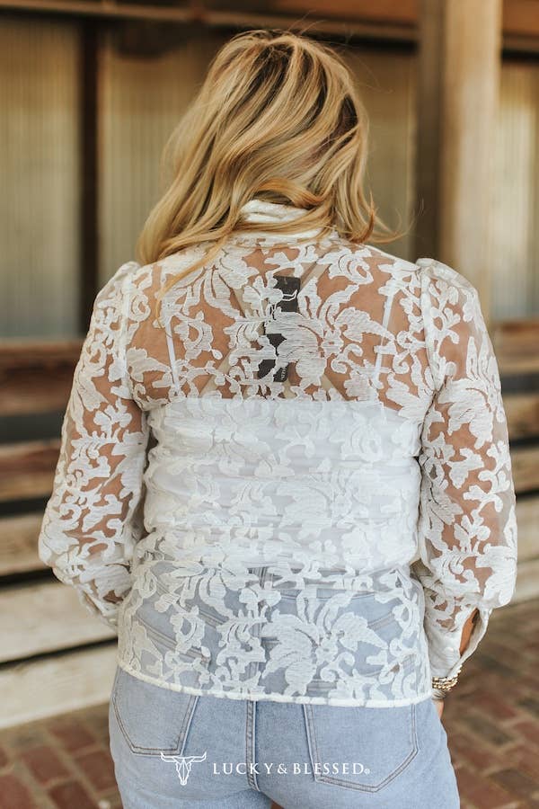 Ivory Lace Puff Sleeve Button Down Collared Top: M