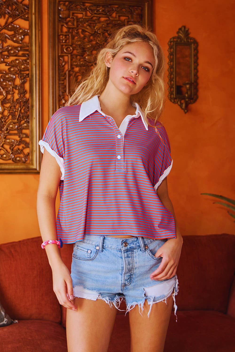 T2616A Collared V-nek Stripe Print Crop Top: Brown/Sky blue