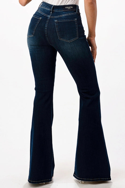 Basic Dark Blue Wash Contemporary Mid Rise Flare