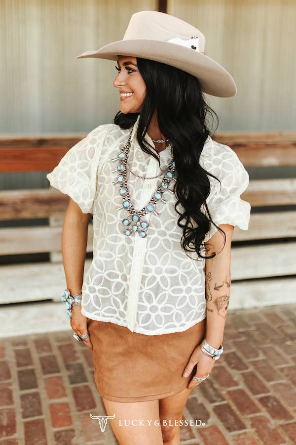Ivory Puff Sleeve Button Down Floral Collared Top: S