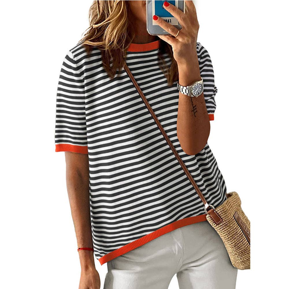 Striped Contrast Sweater Top-TPT