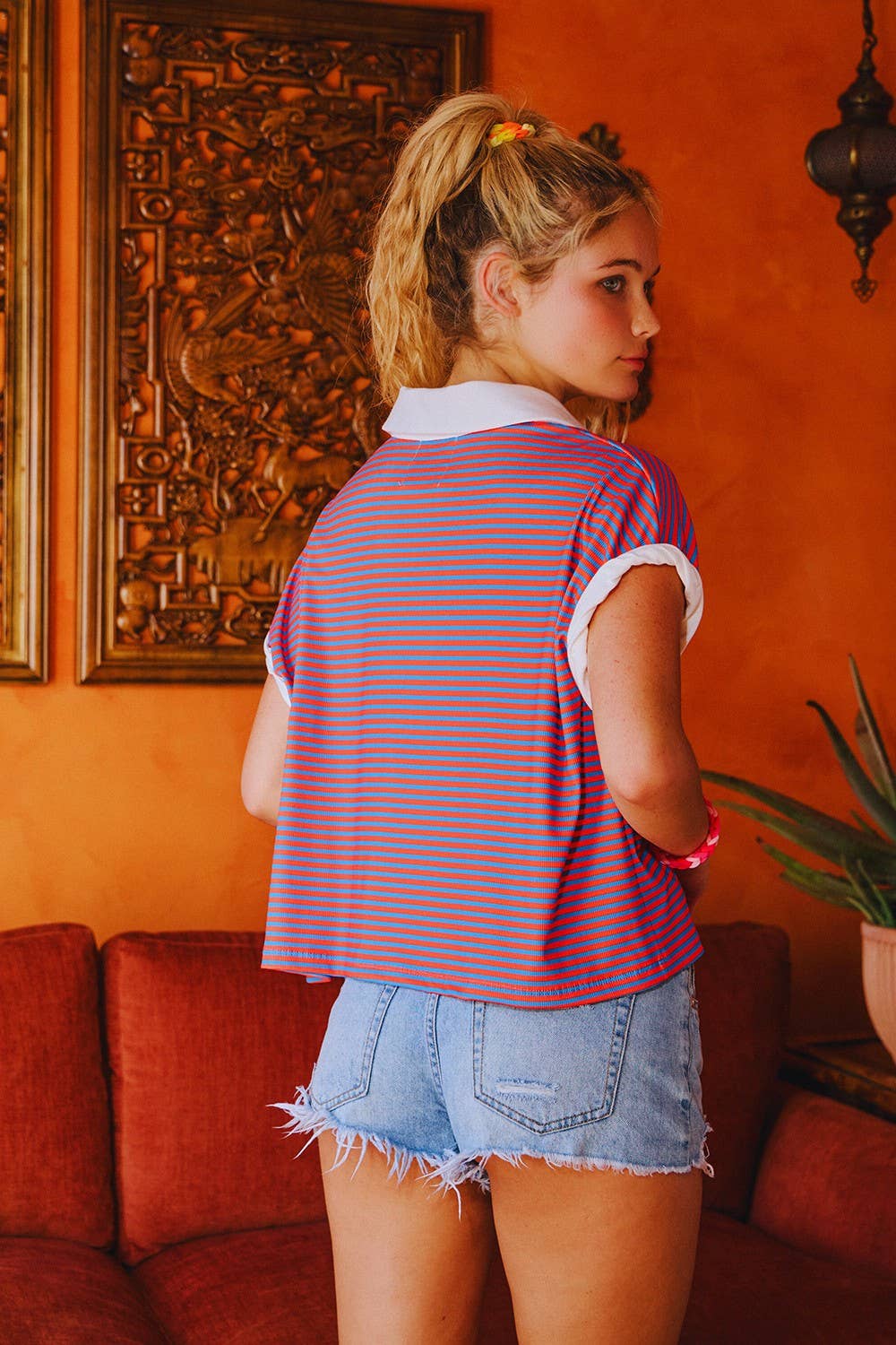 T2616A Collared V-nek Stripe Print Crop Top: Brown/Sky blue