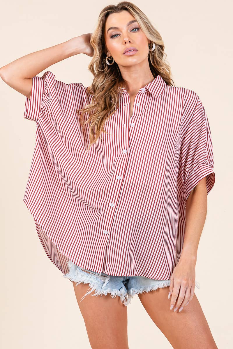 Oversized Short Sleeve Button Down Shirt: GREEN