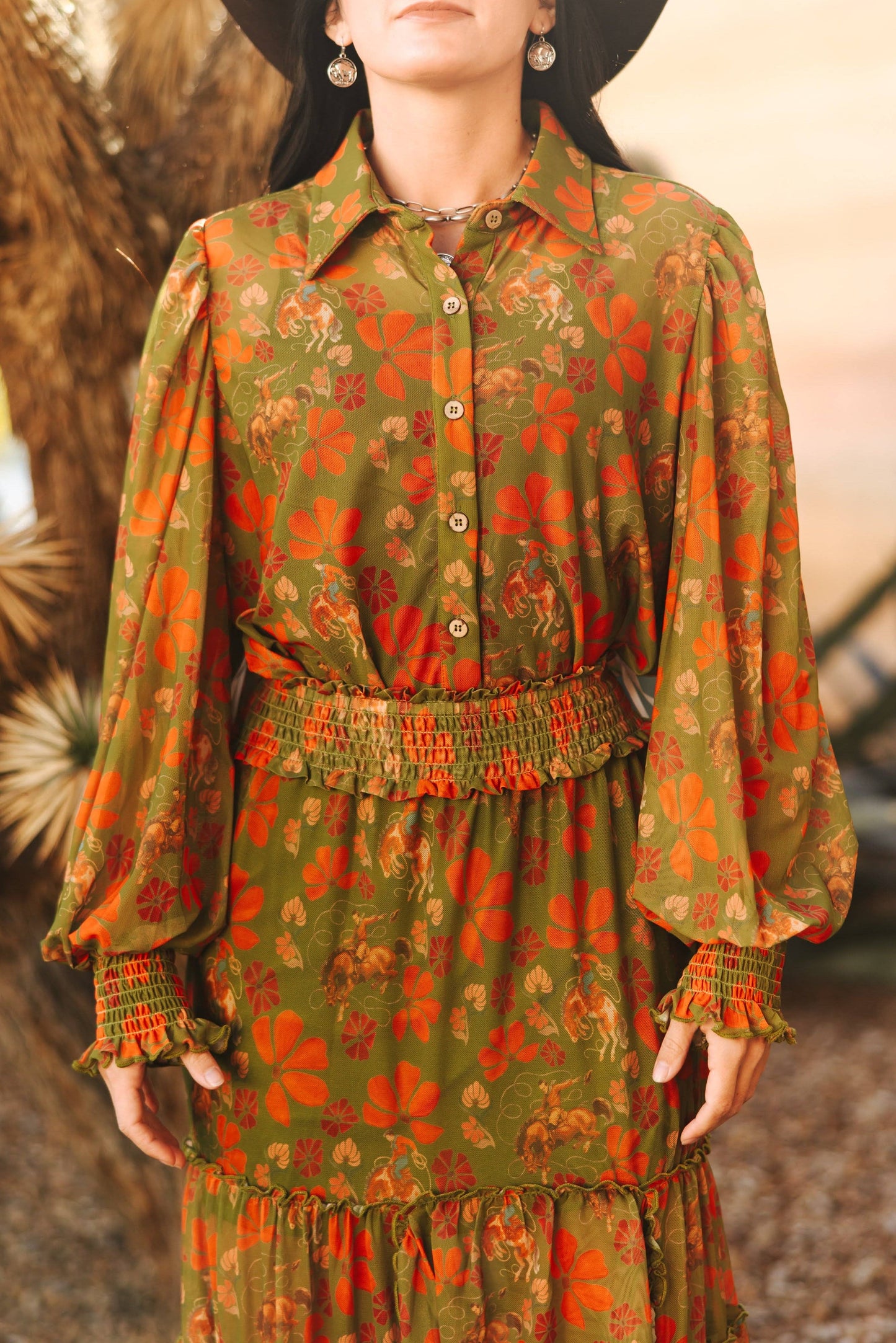 OLIVE COWBOY MESH BLOUSE