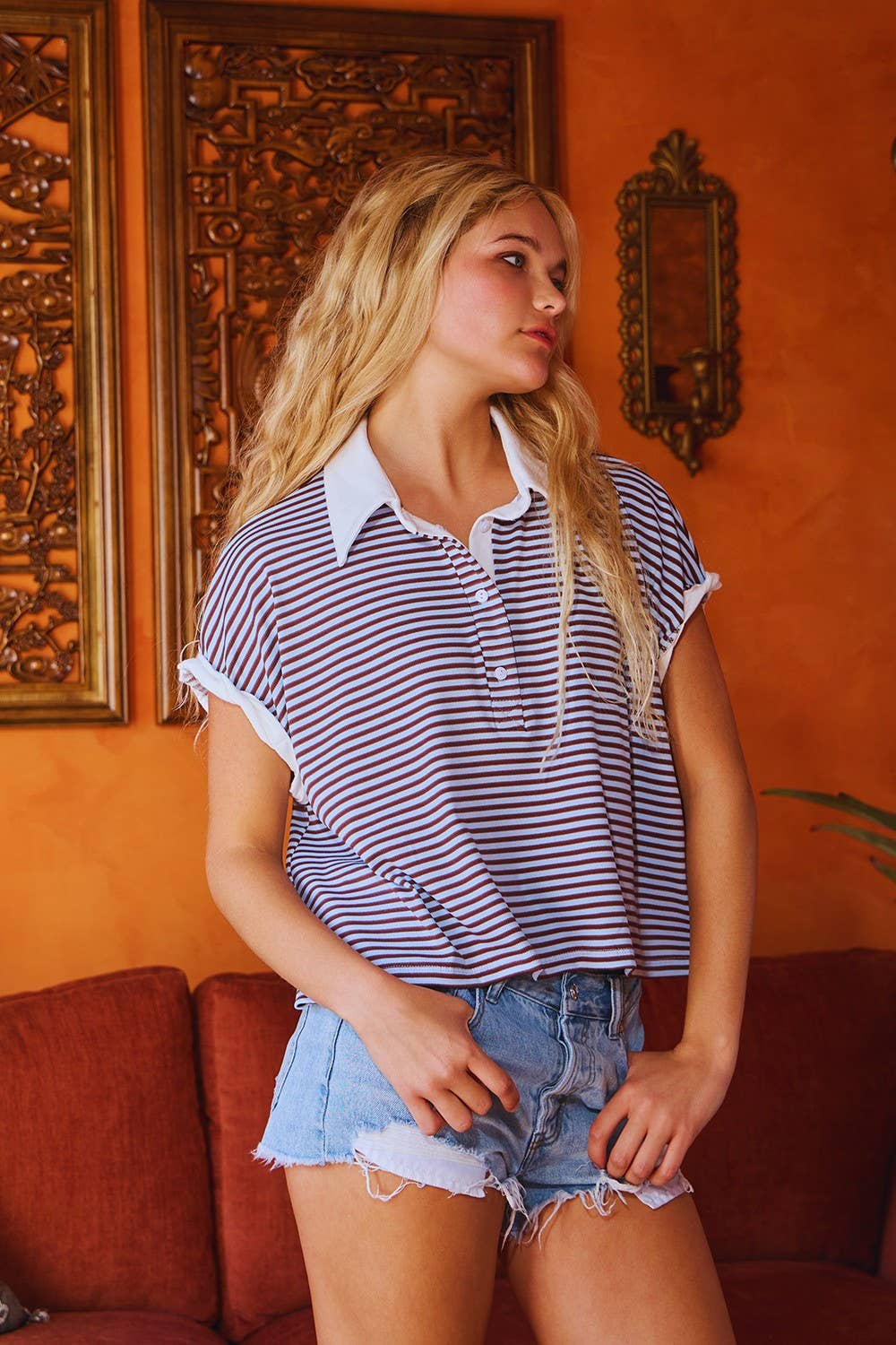 T2616A Collared V-nek Stripe Print Crop Top: Brown/Sky blue