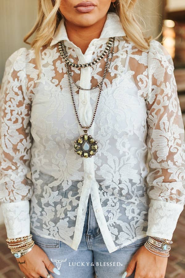 Ivory Lace Puff Sleeve Button Down Collared Top: S