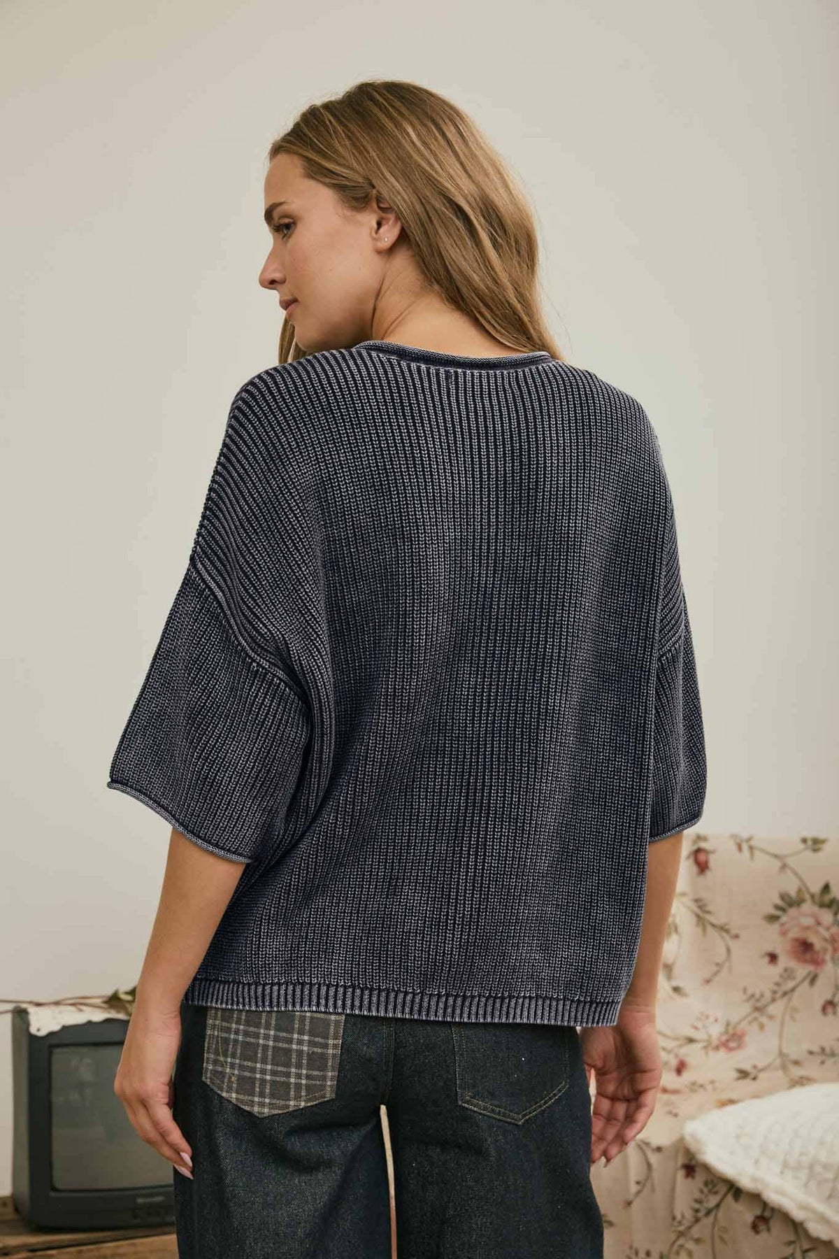 WASHED RIBBED SHORT SLEEVE ROLLED EDGE CARDIGAN: NAVY