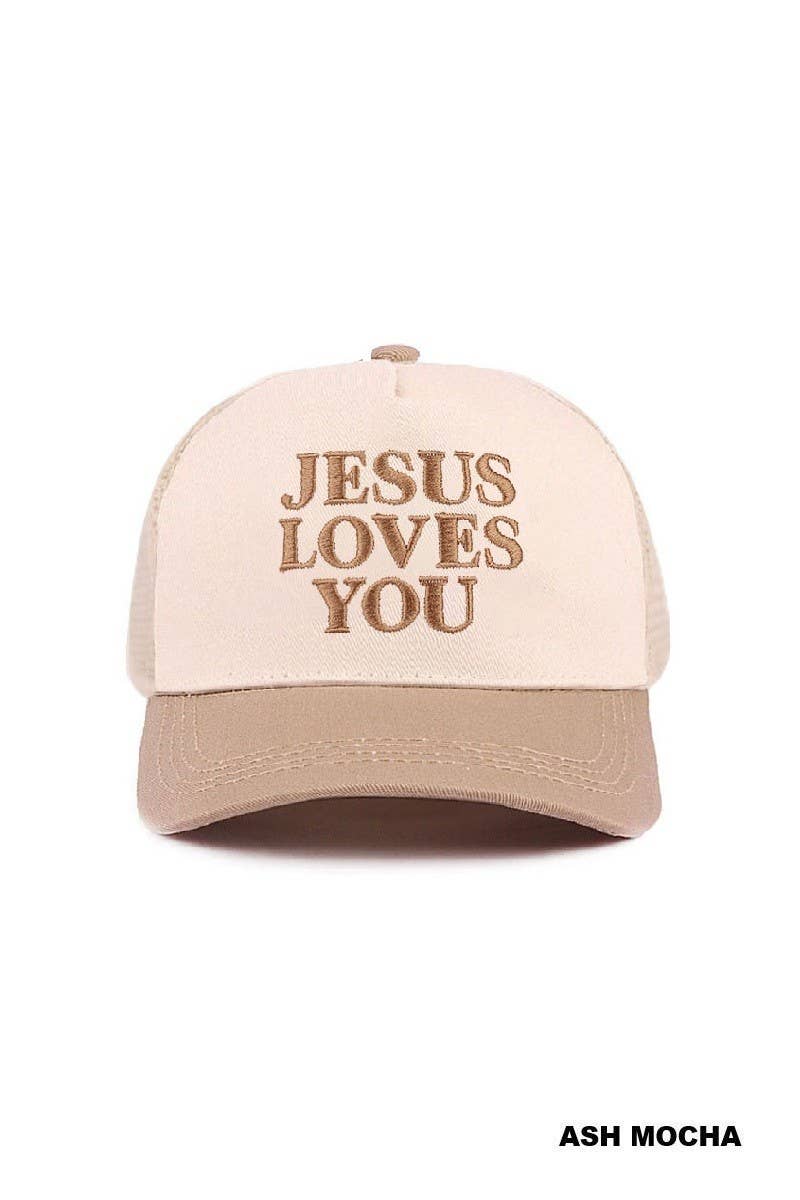 Jesus Loves You Two Tone Mesh Snapback Hat: ASH MOCHA / 1(ONE SIZE)