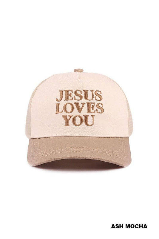 Jesus Loves You Two Tone Mesh Snapback Hat: ASH MOCHA / 1(ONE SIZE)