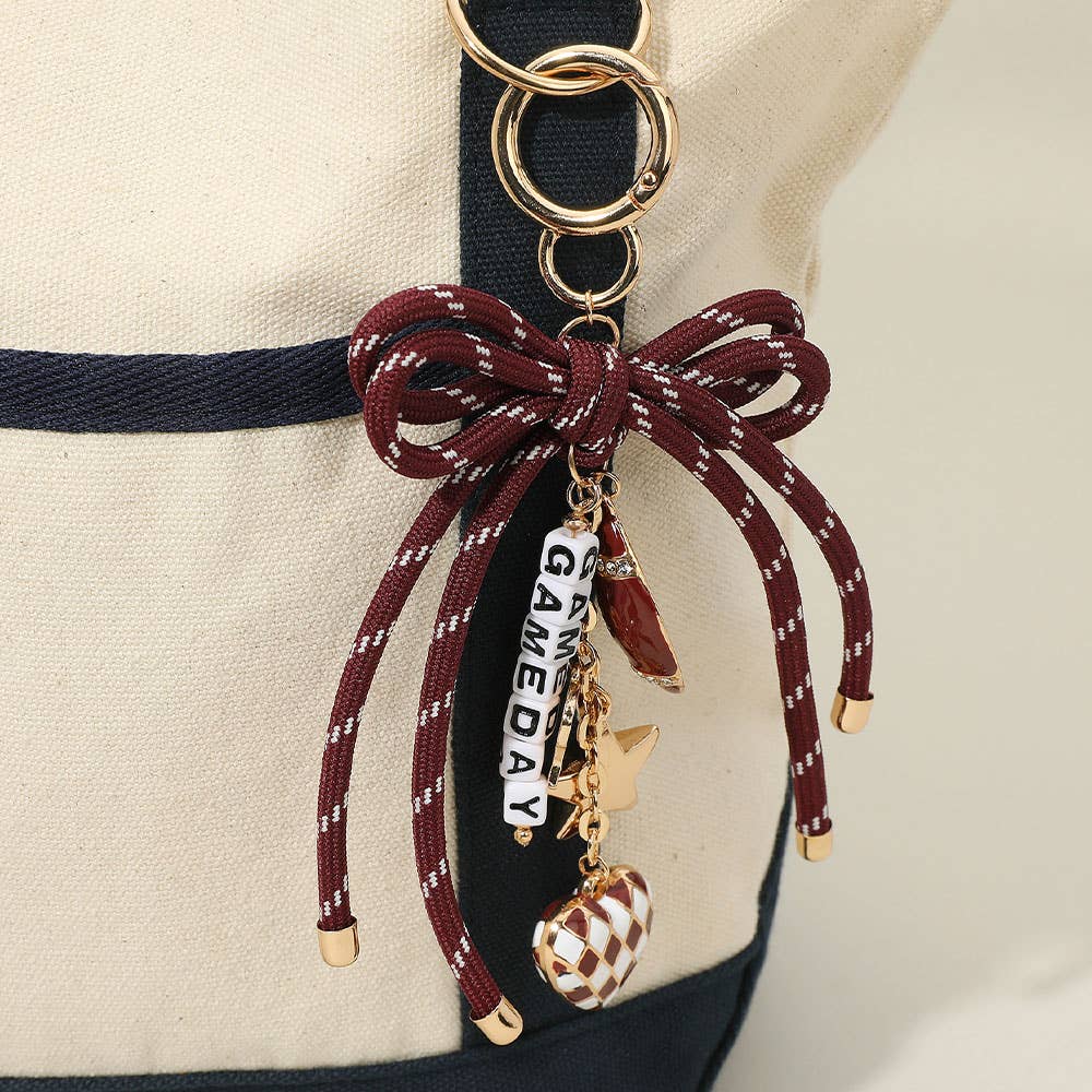 Football Themed Charm GAME DAY Message Beaded Rope Bow Accent Keychain / Bag Charm: Black Burgundy Gold
