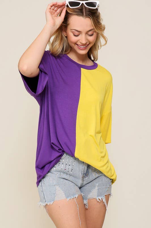 Game Day Multi Color Knit Top: PURPLE/YELLOW