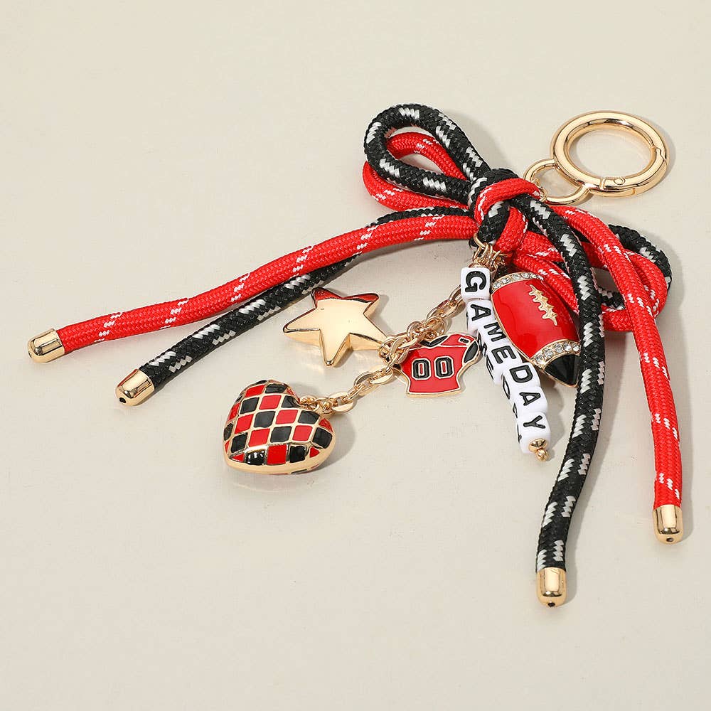 Football Themed Charm GAME DAY Message Beaded Rope Bow Accent Keychain / Bag Charm: Black Burgundy Gold