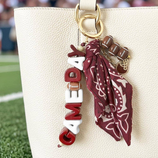 GAMEDAY Football Helmet Charm Bandana Fabric Scarf Keychain Bag Charm: Burgundy,White