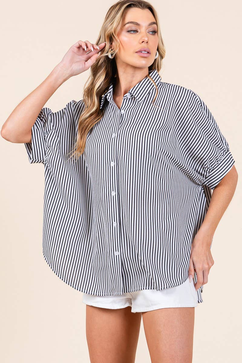 Oversized Short Sleeve Button Down Shirt: GREEN