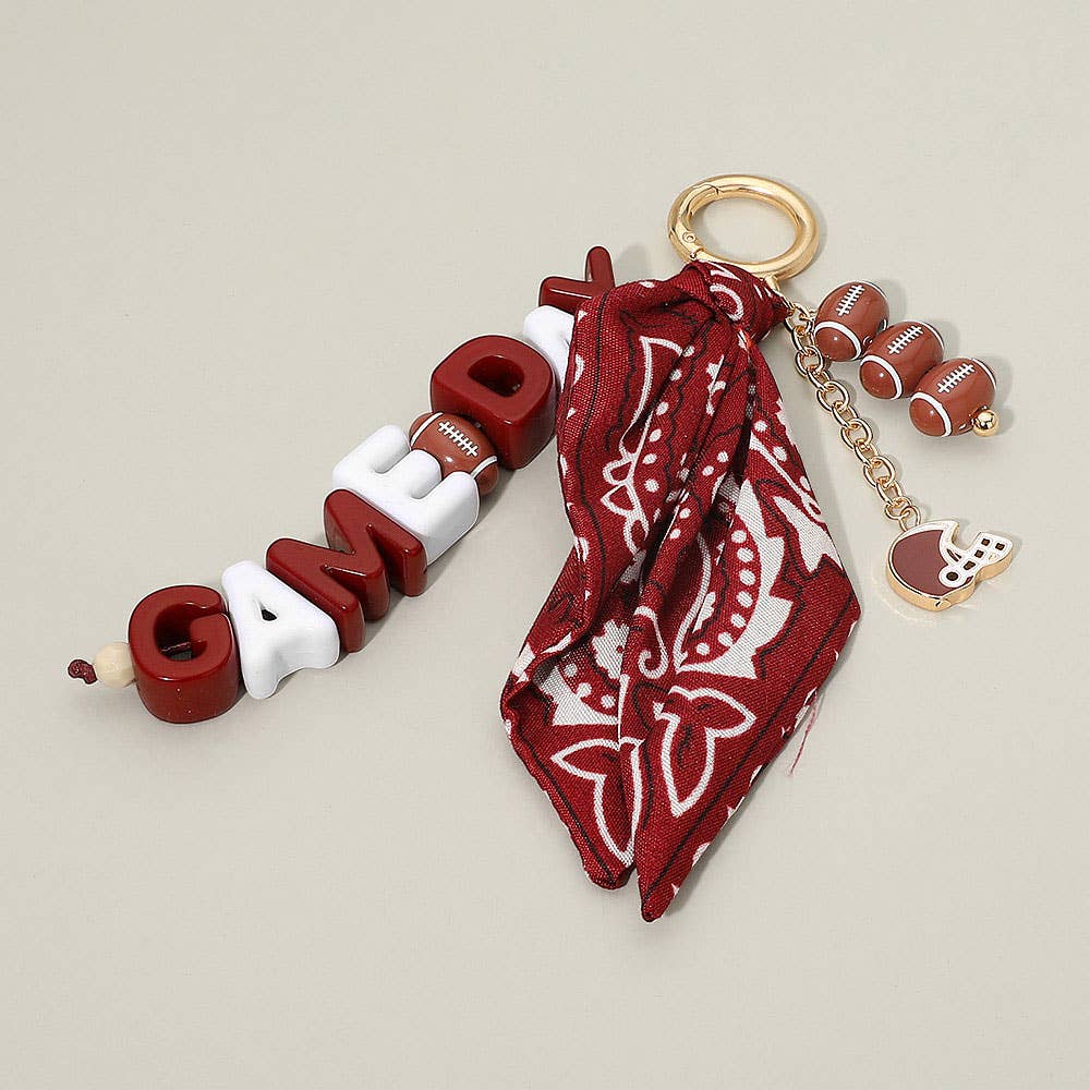 GAMEDAY Football Helmet Charm Bandana Fabric Scarf Keychain Bag Charm: Burgundy,White