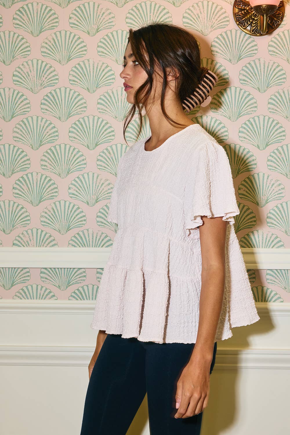 T2776 Ruffle Tiered Babydoll Textured Top: OLIVE / S-M-L (2-2-2)