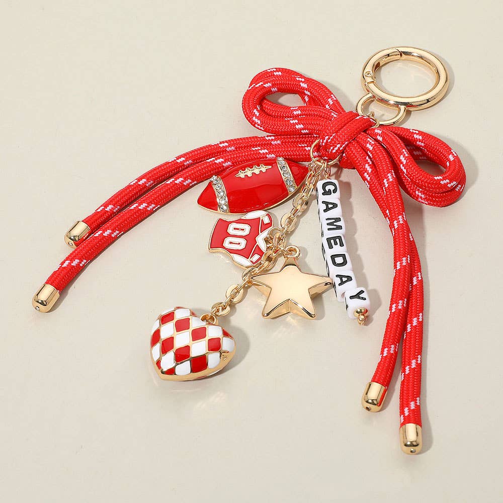 Football Themed Charm GAME DAY Message Beaded Rope Bow Accent Keychain / Bag Charm: Black Burgundy Gold
