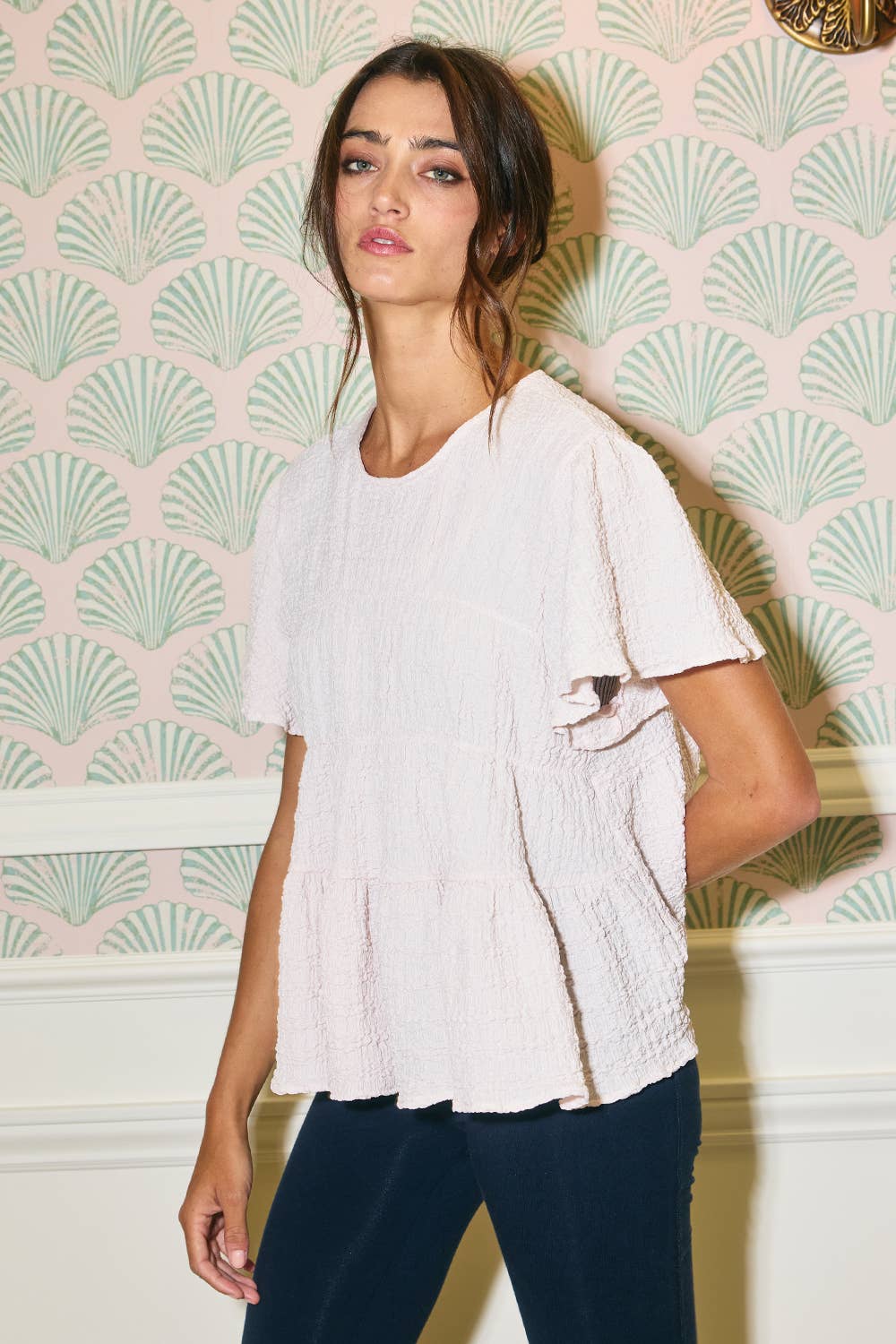 T2776 Ruffle Tiered Babydoll Textured Top: OLIVE / S-M-L (2-2-2)