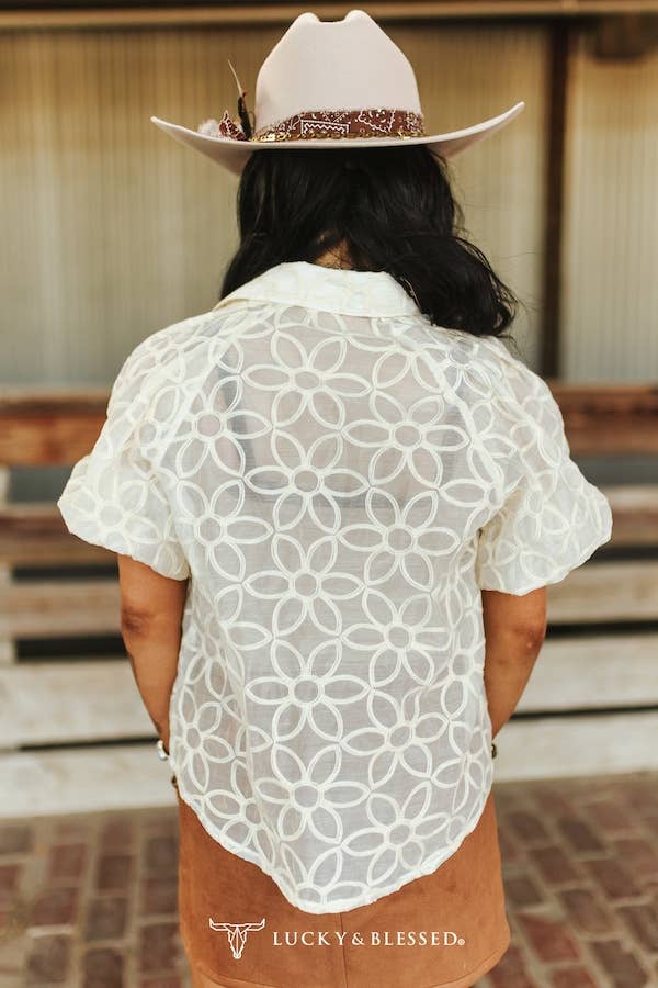 Ivory Puff Sleeve Button Down Floral Collared Top: S
